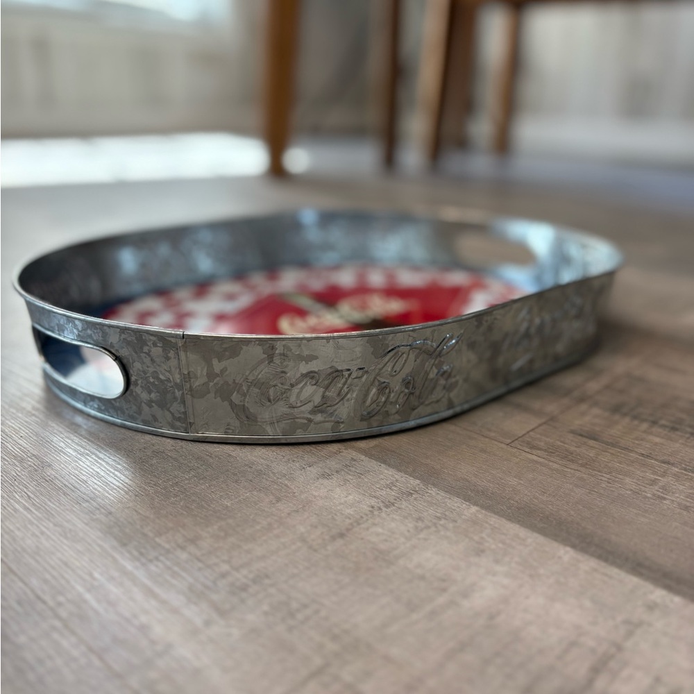 NWT Coca-Cola Serving Tray W/ Handles Galvanized Tin Oval 16 inch Length